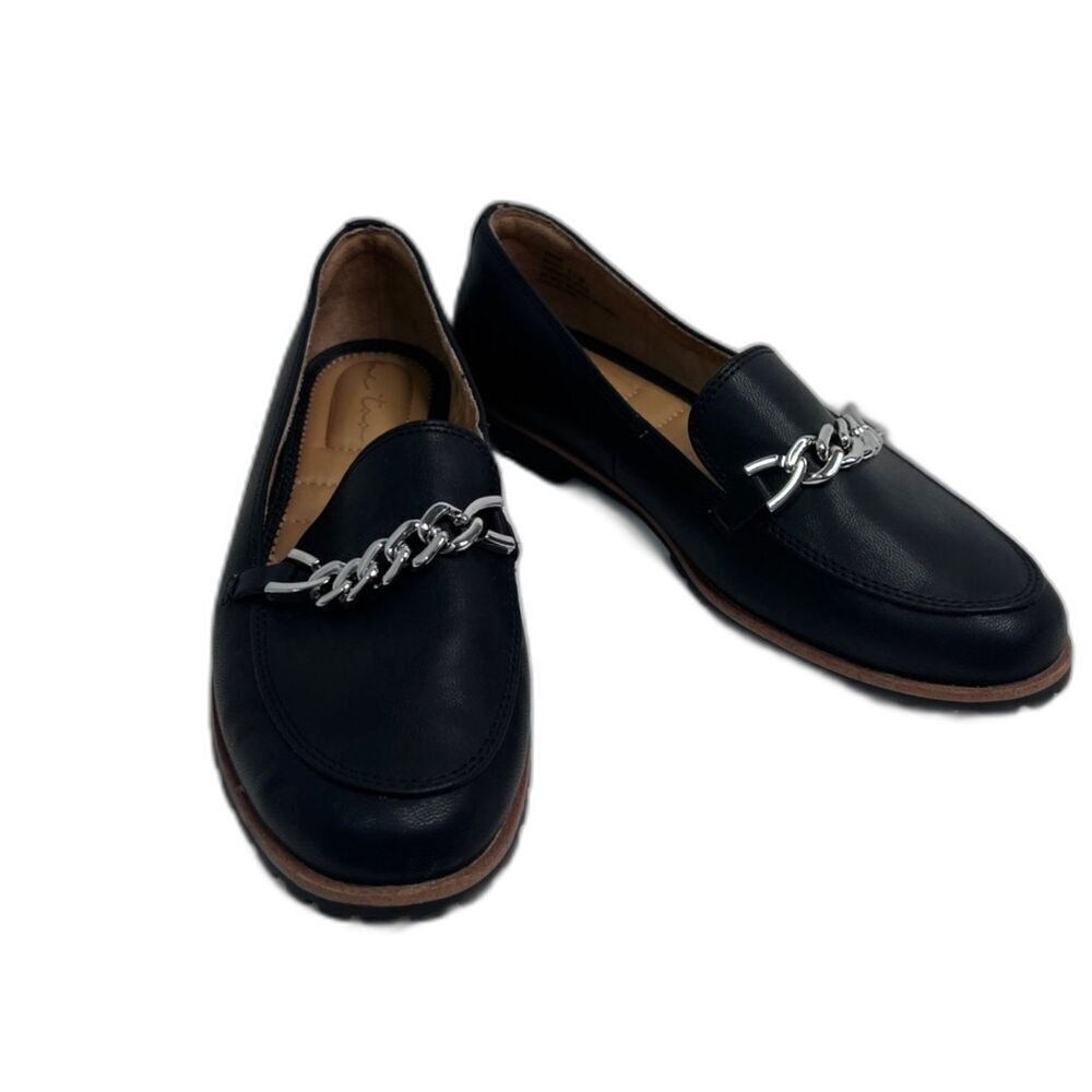 Me Too Colby Black Slip On Flat Loafers Silver Chain Detail Size‎ 7.5M
